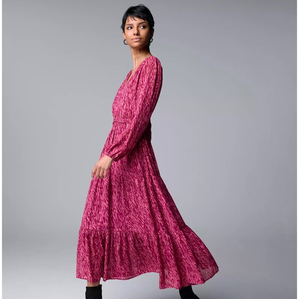 Simply Vera Wang Maxi Dress Pink Leopard V-Neck Tiered Jacquard Semi Sheer Large